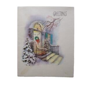 Christmas Greeting Card Vintage Mid Century Modern Decorated Wreath Snow Covered